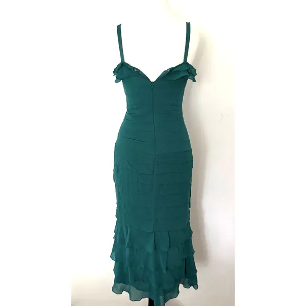Gilar VTG Green Chiffon Silk Mermaidcore Whimsical Flounce Strap Dress 8 -Stain - Image 3