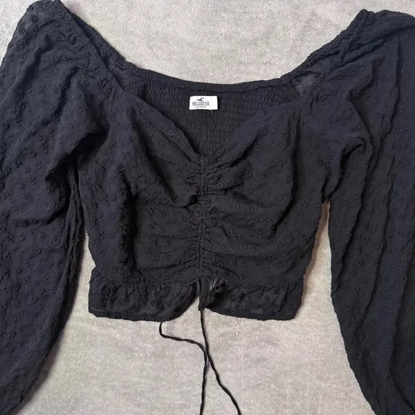 Hollister Milkmaid Black Smocked Crop Top Sheer Sleeve Peplum Size L Fairy - Image 5