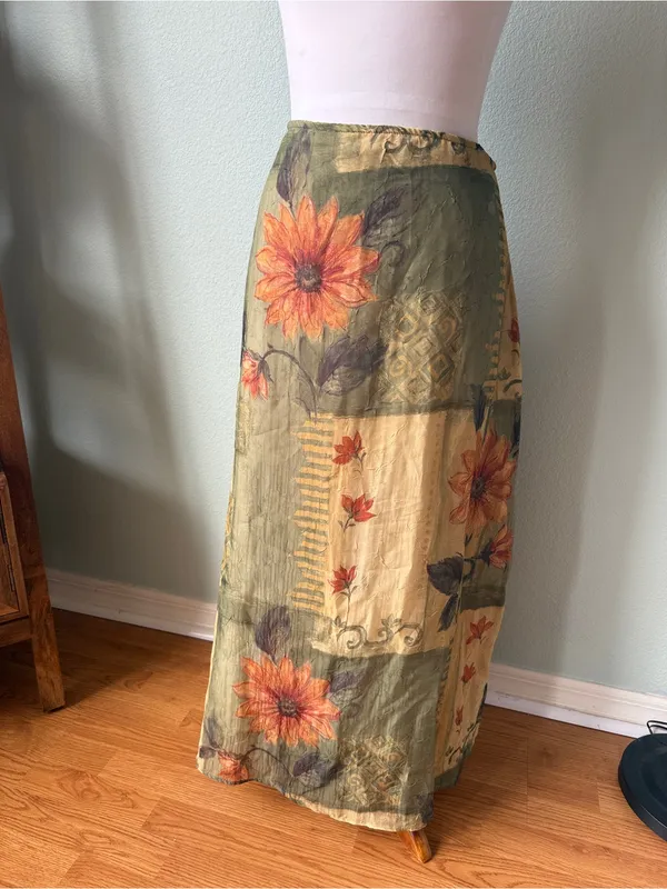 Vintage Floral Patchwork Maxi Skirt Size Large Orange - Image 2