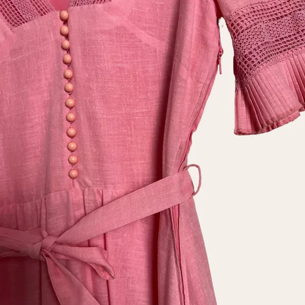 Vintage Pink Lace Trim Ruffle Flounce Hem Belted Midi Dress S - Image 5
