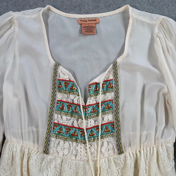 Flying Tomato Mini Dress Sheer Lace Womens Small Boho Tassel Peasant Embroidered - Image 3