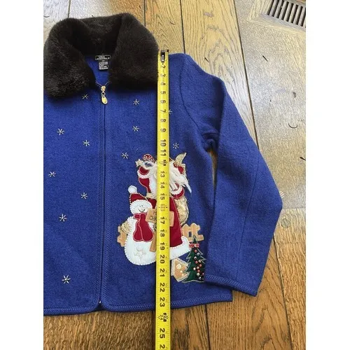 Lisa International Women's M Blue Boiled Wool Zip Jacket w/ Santa Ugly Sweater - Image 4