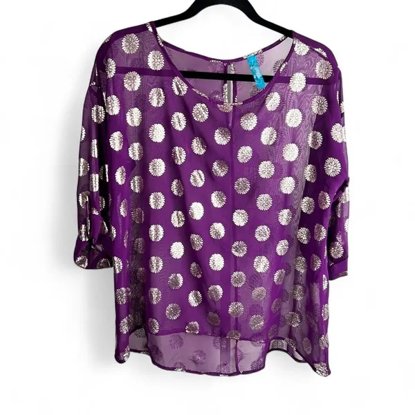 Francesca's Purple Sheer Metallic Silver Sunburst Blouse Large - Image 2