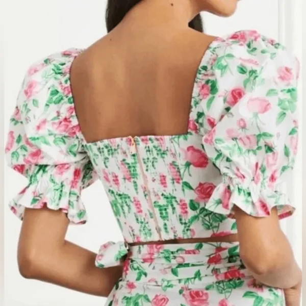 Hill House The Isabella Top Puff Sleeve Tie Front Cropped Pink Roses Size XL - Image 3