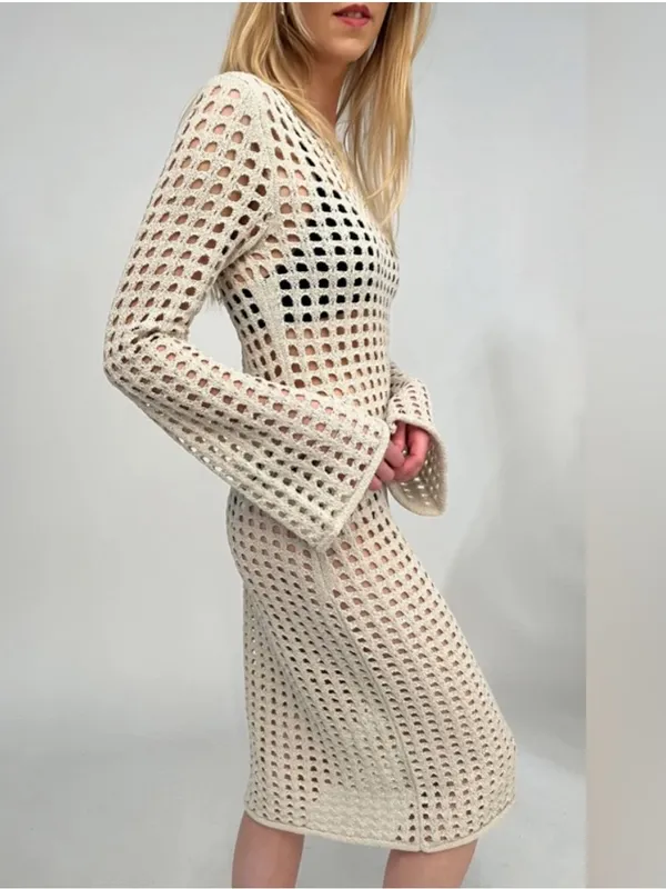 Oak + Fort NWT Cream open knit Crochet Long Sleeve Maxi Dress cover up dress - Image 3