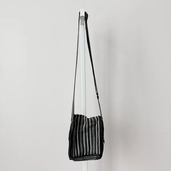 Black‎ Gray Striped Woven Crossbody Bag Multi-Pocket Travel Purse Boho Grunge - Image 8