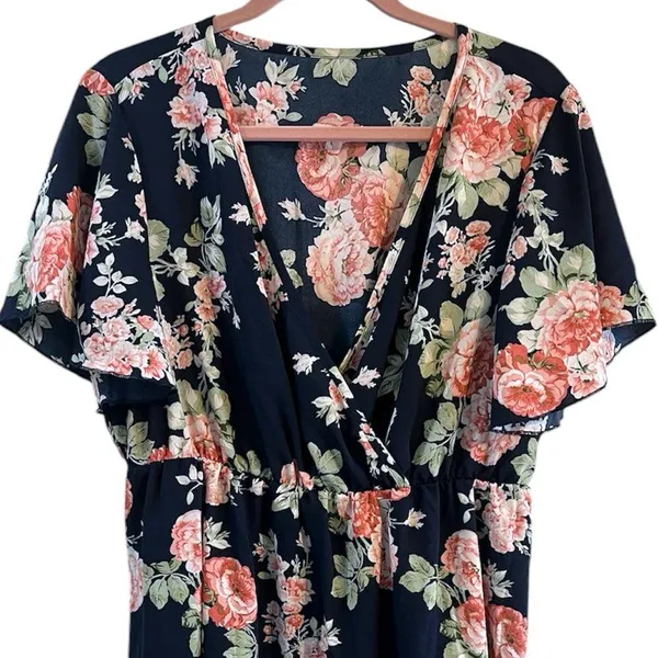 New Floral V-Neck Midi Dress Size 1X (14) Faux Wrap Neckline Flutter Sleeves - Image 6