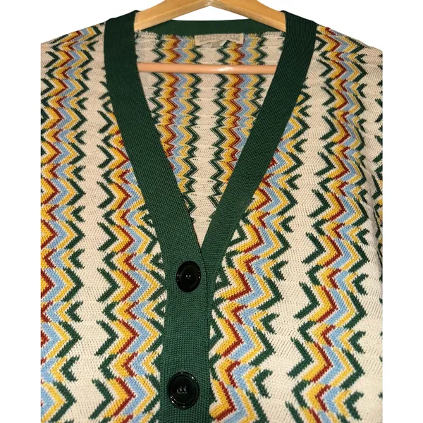 Vintage Jacques Gilles Wool Rainbow Chevron Cardigan Medium Retro 70s Italy Flaw - Image 2