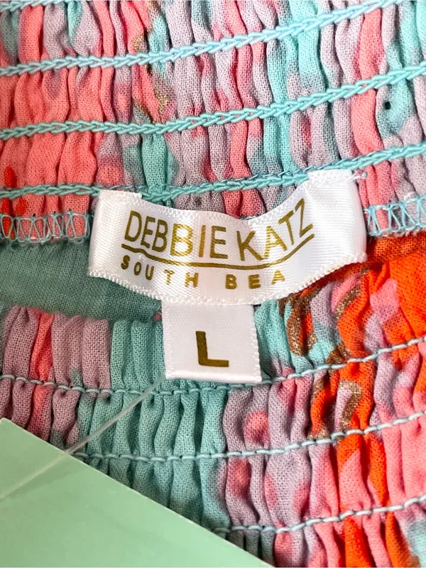 Debbie Katz Tala Pant Sea, Boho Wide-Leg Tiered Pants in Aqua & Coral - L - Image 7