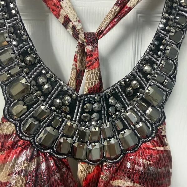 Red Patterned Ruched Mini Dress with Embellished Halter Neck - Image 3