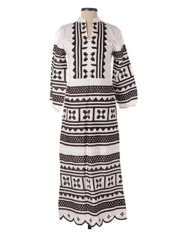 Julia Amory Brown & White Embroidered Scalloped Hem Maxi Caftan Dress XL NWT - Image 2
