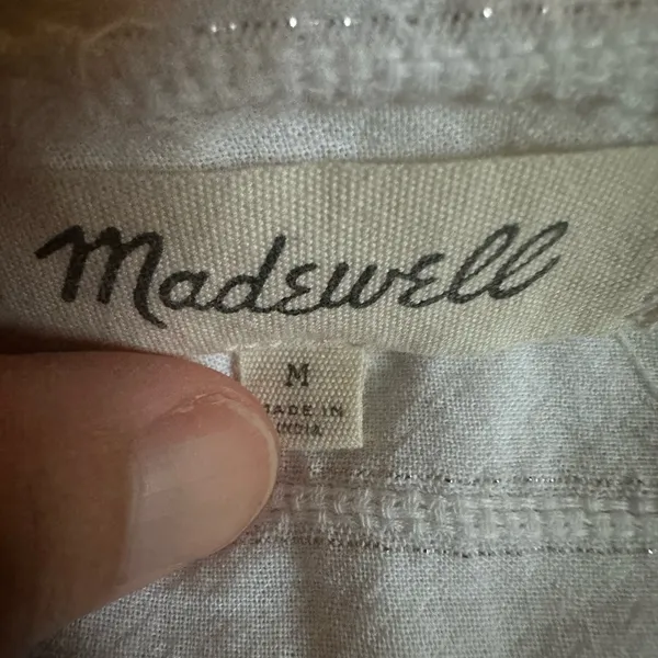 Madewell White Button Front Blouse Silver Metallic Stripe Size Medium - Image 7