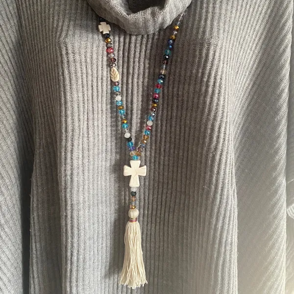 1Pc Boho Sweater Necklace Colorful‎ Beaded Cream Tassel Cross Charm Fashion - Image 5