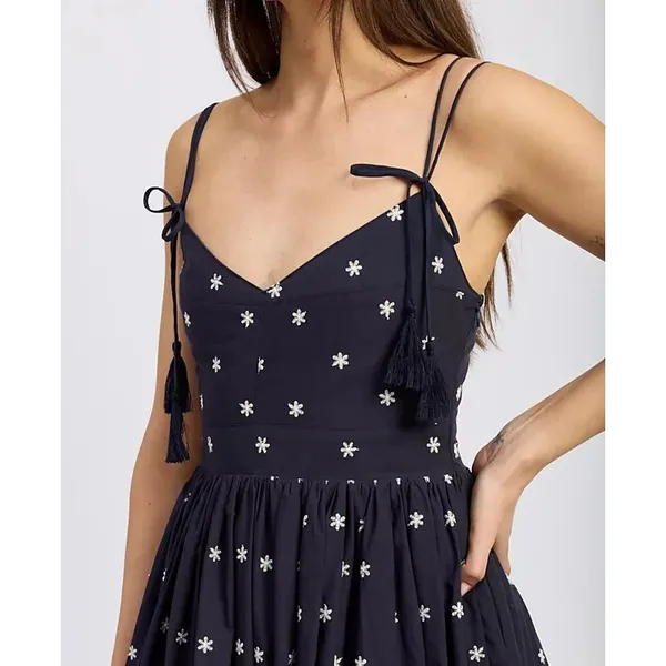 En Saison Womens Midi Dress Size S Navy White Cotton Embroidered Hem Tie-Straps - Image 3