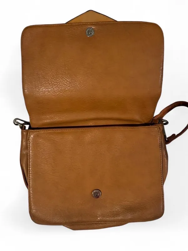 Structured Tan Crossbody Satchel with Perforated Flap and Top Handle - Image 4
