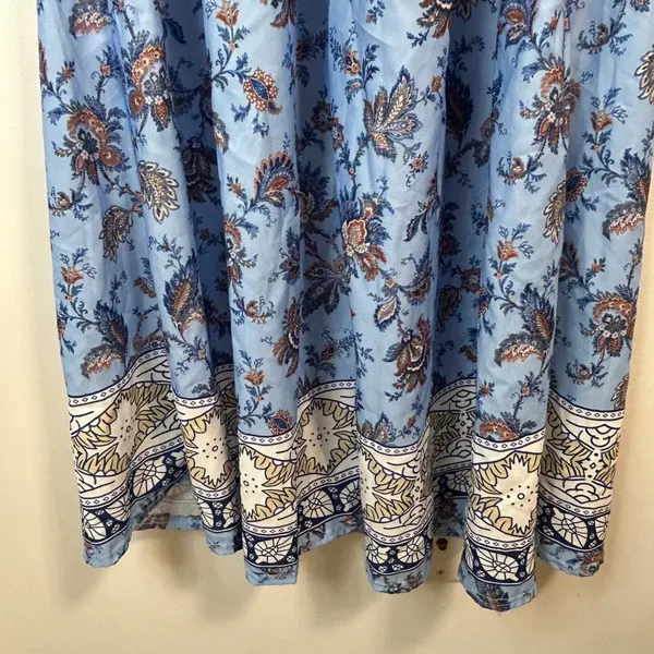 Blue Paisley Floral Bohemian Maxi Dress V-Neck Elastic Waist Short Sleeve - Image 4