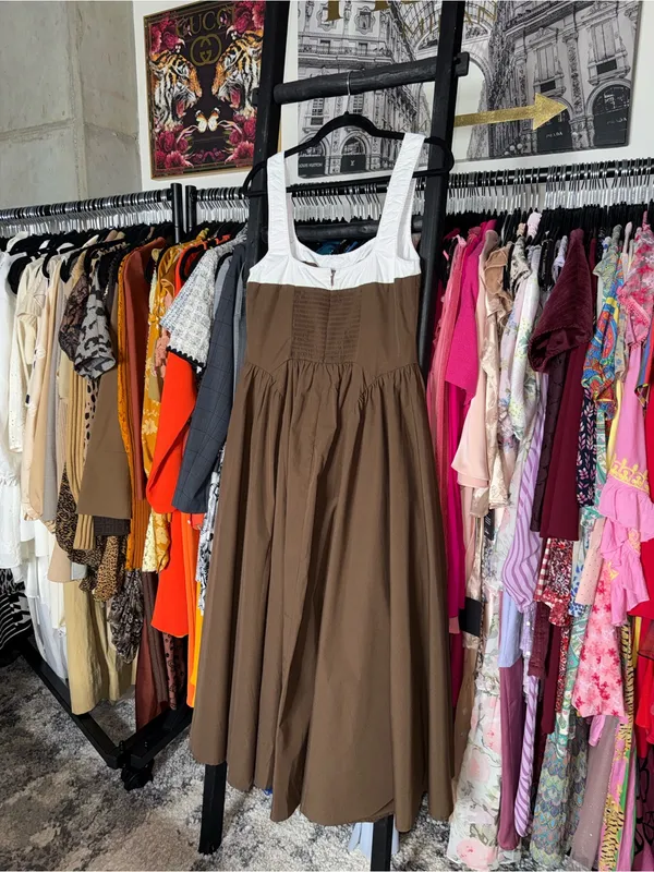 Moon River Two Tone Drop Waist Peekaboo Midi Dress Brown White Women’s Large - Image 7