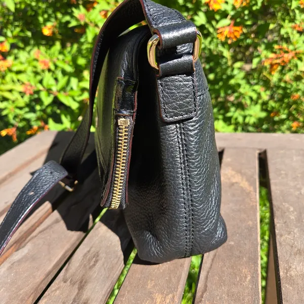 Kate Spade Black Pebbled Fold over Zip Closure Leather Crossbody Purse Polka Dot - Image 6