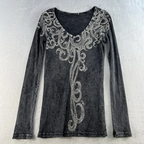 VTG Vocal L Large Top Black Ribbed Embellished Studs Y2K Dark‎ Fairy Goth Punk - Image 2