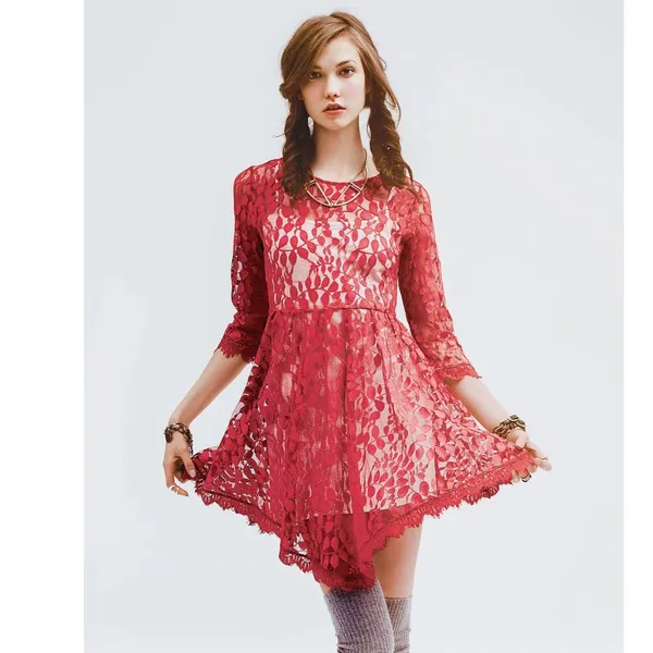 Free People Floral Mesh Lace Red Mini Dress Asymmetrical Hem 3/4 Sleeve 6 - Image 2