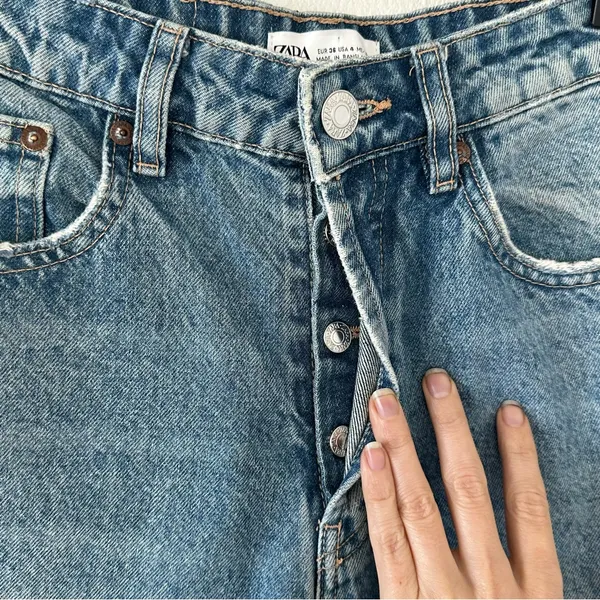 ZARA Size 4 High Rise Ripped Straight Denim Blue Jeans Distressed 100% Cotton - Image 6