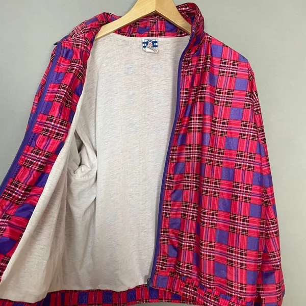 Vintage Jacket Plaid Nylon Pink Purple Zip-Up Windbreaker Lined Retro Women 90s - Image 12