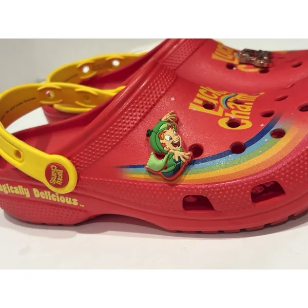 Crocs Lucky Charms Unisex Clog Red/Yellow Rainbow Logo Round Toe W9 M7 - Image 4
