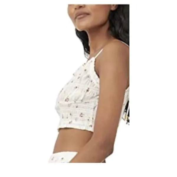 Free People Crop Top Womens S White‎ Floral Smocked Ruffle Boho Summer Tank - Image 2