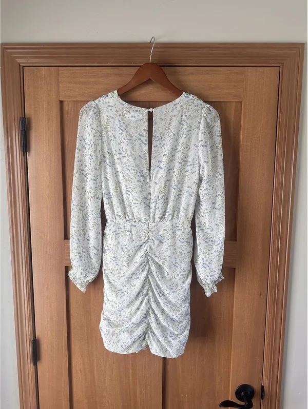 MABLE Ruffle Ivory / Blue Floral Puff Sleeve Rouched Mini Dress Women’s Small - Image 5