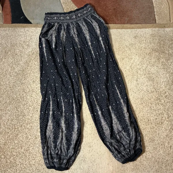Bohemian Peacock‎ Feather Print Harem Pants Boho Smocked Waist Joggers - Image 2