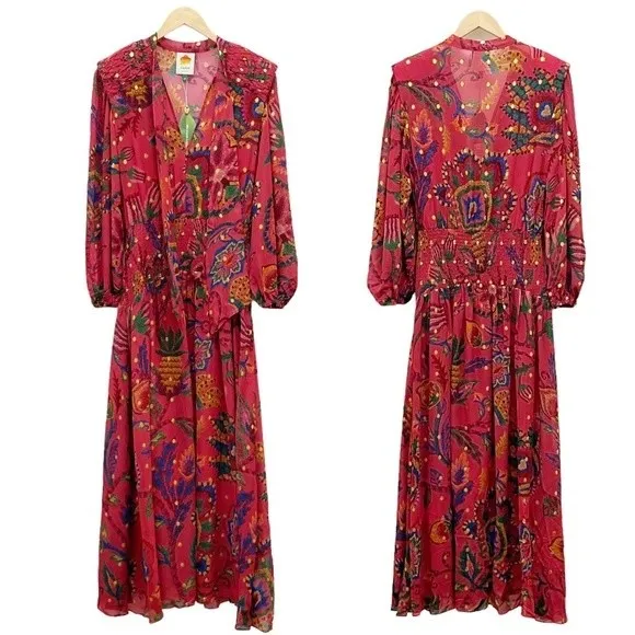 NWT Farm Rio Sunset Tapestry Floral Long Sleeve Boho Maxi Dress Warm Red Size XS - Image 2