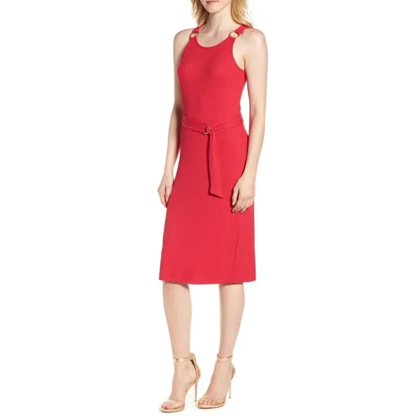 Michael‎ Michael Kors Ribbed Knit Midi Dress Red Pink Ring Shoulder Belted Small - Image 2