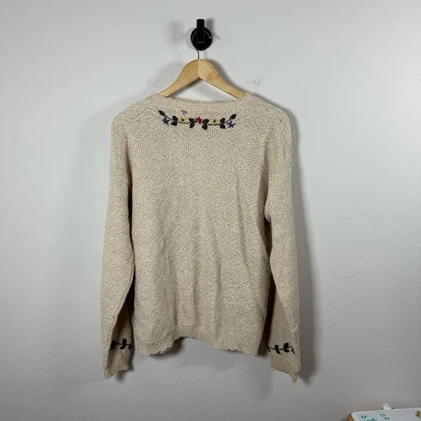 VINTAGE Cottage Essentials Women’s Chunky Knit Floral Cardigan Beige Multi L - Image 9