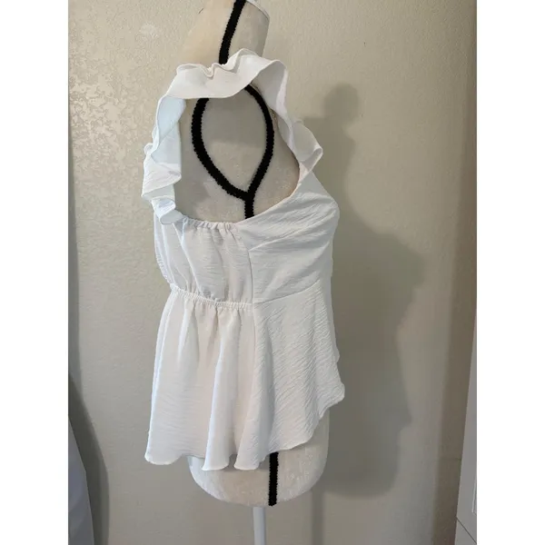 Timing White Flutter Sleeve Peplum Top‎ V-Neck Smocked Back Blouse - Image 2