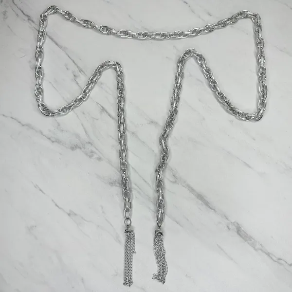 Textured Chain Link Tassel Open Wrap Necklace Silver Tone ✨ - Image 2