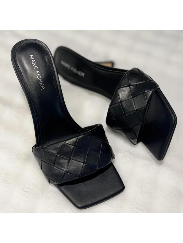 Marc Fisher Black Leather Mules | Square Toe Kitten Heels | Minimalist Chic - Image 3