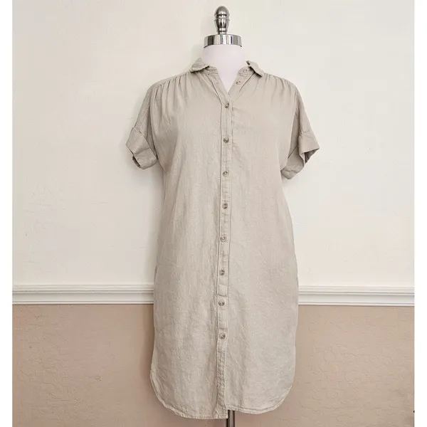 Well Worn Linen Blend Button Down Shirt Dress Short Sleeve Beige Pockets Small - Image 4