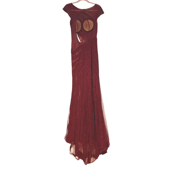 Azzure Couture Burgundy Beaded Lace Open Back Mermaid Evening Gown Dress 6 - Image 4