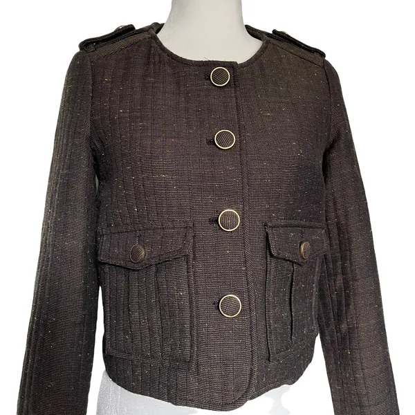 Cartonnier Tweed Equestrian Women Jacket Sz 4 Brown Preppy Cropped Anthropologie - Image 3