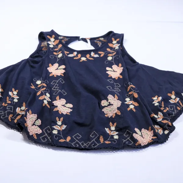Free People Embroidered Swing Tank Top Women XS Navy Blue Floral Open Back Boho - Image 12