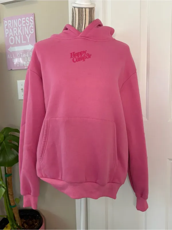 Happy camper pink raspberry puff series hoodie pullover preppy small casual infl - Image 2