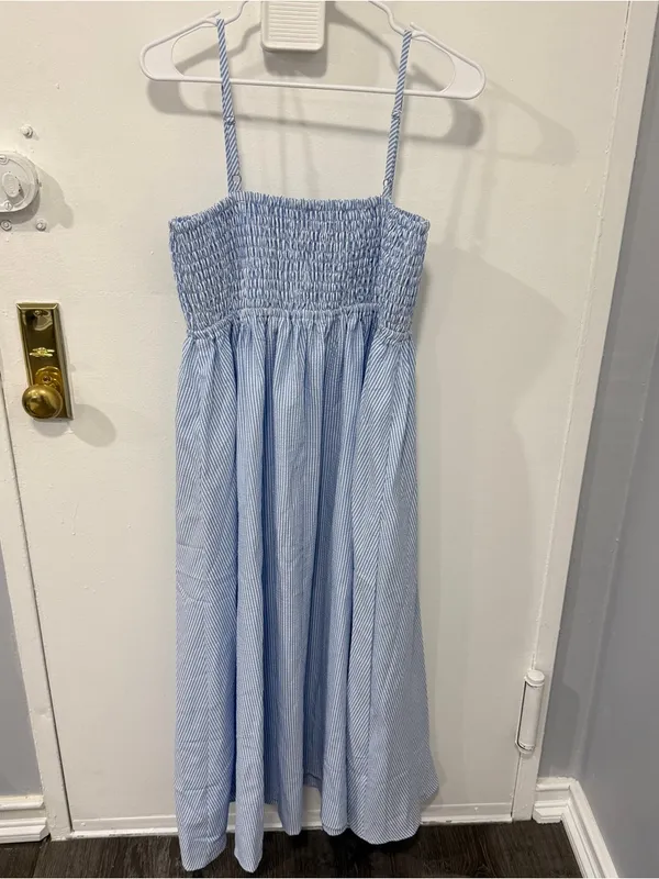NWOT Halara Blue and White Shirred Stripe Midi Slip Dress - Image 6