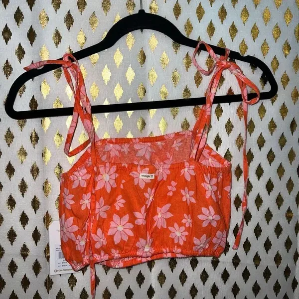 NWT orange Billabong X Wrangler Perfect Pair Tie Strap Floral Daisy Crop Top siz - Image 5