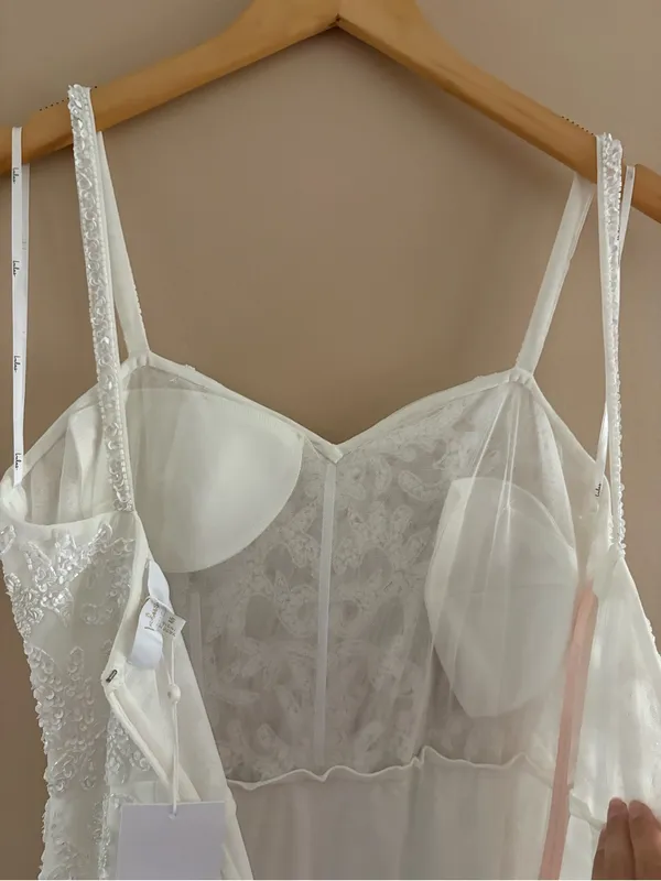 Lulus Momentous Love White Beaded Bustier Mesh Mermaid Maxi Dress Size Medium - Image 13