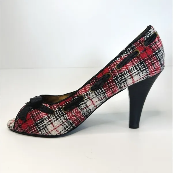 Steve Madden NINNA Plaid Peep Toe Heels Size 9 M Red Tweed Bow‎ Twee Y2K Pin-Up - Image 9