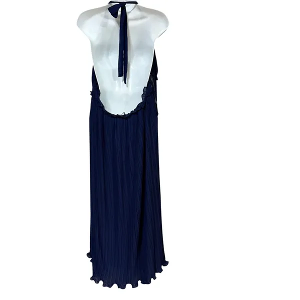 Lulus Navy Blue Pleated Halter Open Back Midi Dress XL Ruffle Trim Wedding Guest - Image 4