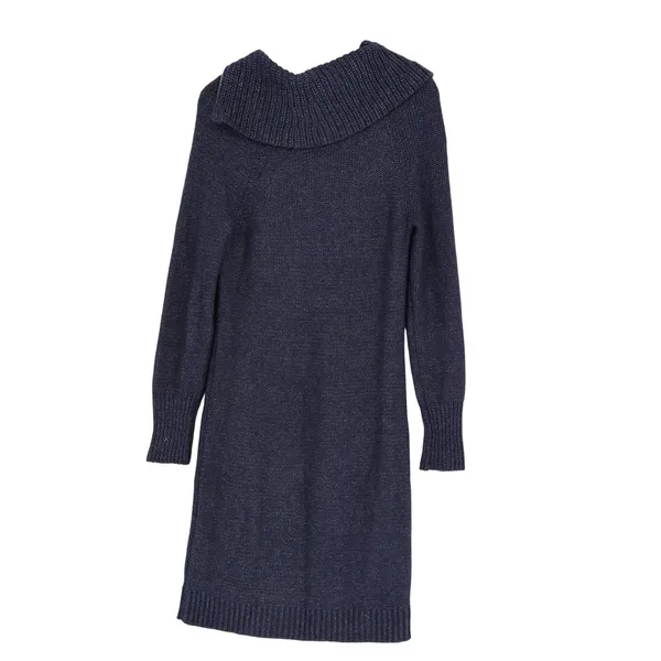 White House Black Market Navy Marled Zip Cowl Neck Knit Sweater Dress Medium - Image 4