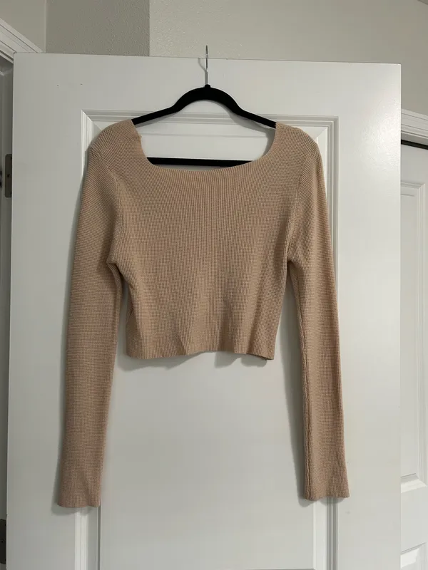 Women’s Square Neck Sweater Top Size Small Tan - Image 2