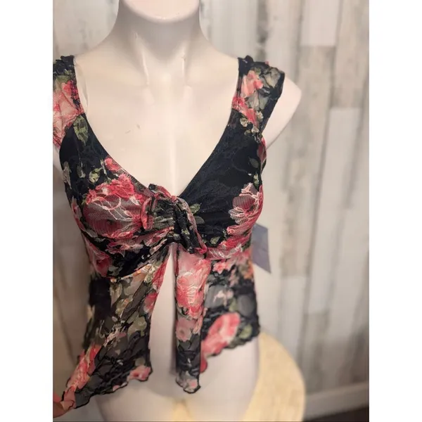 Rebellious Dreamer Floral Lace Tie Front Sleeveless Top Medium Sheer Black Pink - Image 6