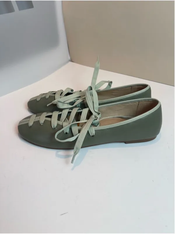 Maeve Genuine Leather Contrast Lace-Up Ballet Flats Sage green Sz 9 Balletcore - Image 6